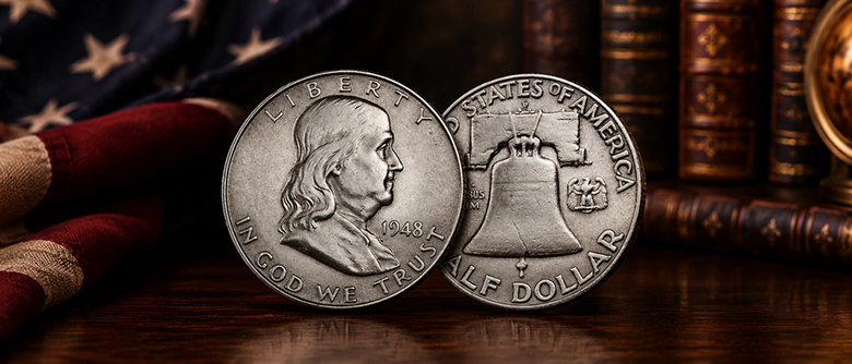 close-up of Franklin Half Dollar obverse and reverse