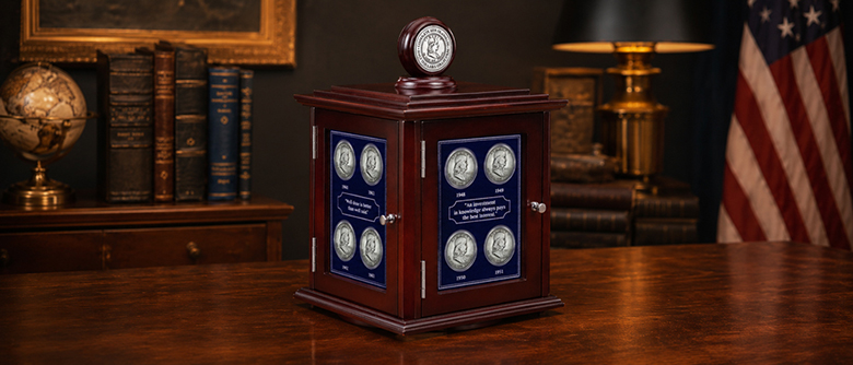 Complete Ben Franklin Half Dollars Collection in rotating wooden display case