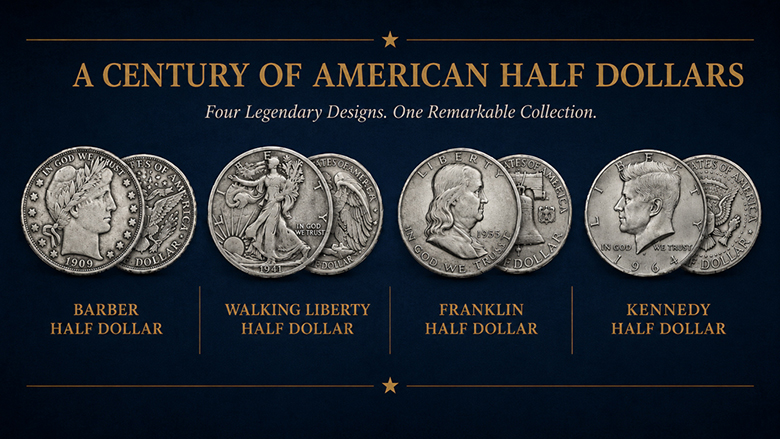 Barber, Walking Liberty, Franklin, and Kennedy half dollars